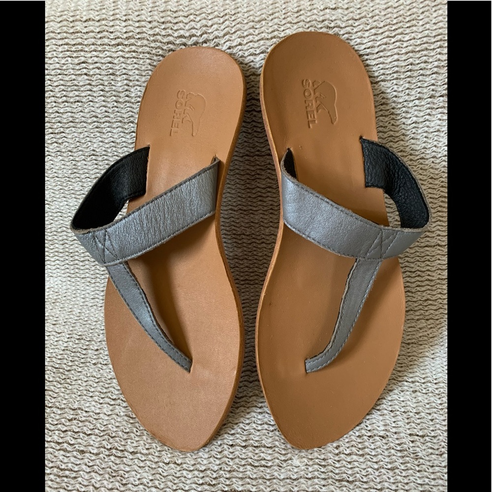 Sorel Lake Slide 6.5 thong sandal gray leather